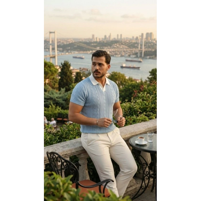 Erkek Desenli Kısa Kollu Triko Tişört  %100 Pamuk Akrilik