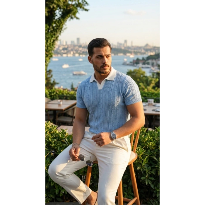 Erkek Desenli Kısa Kollu Triko Tişört  %100 Pamuk Akrilik