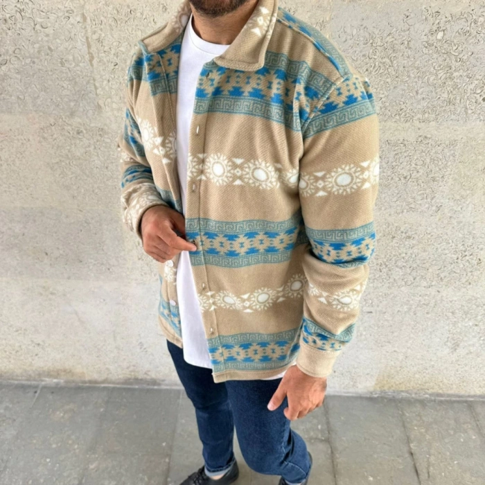 Erkek Desenli Polar Gömlek – Etnik Şerit Desen Yakalı, Uzun Kollu, Düğmeli, Oversize Rahat Kalıp  arı