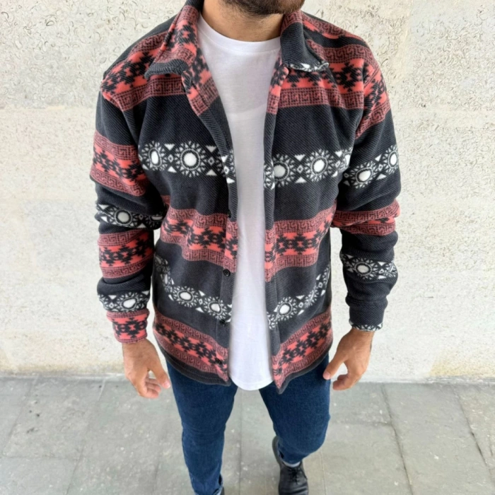 Erkek Desenli Polar Gömlek – Etnik Şerit Desen Yakalı, Uzun Kollu, Düğmeli, Oversize Rahat Kalıp  Füme