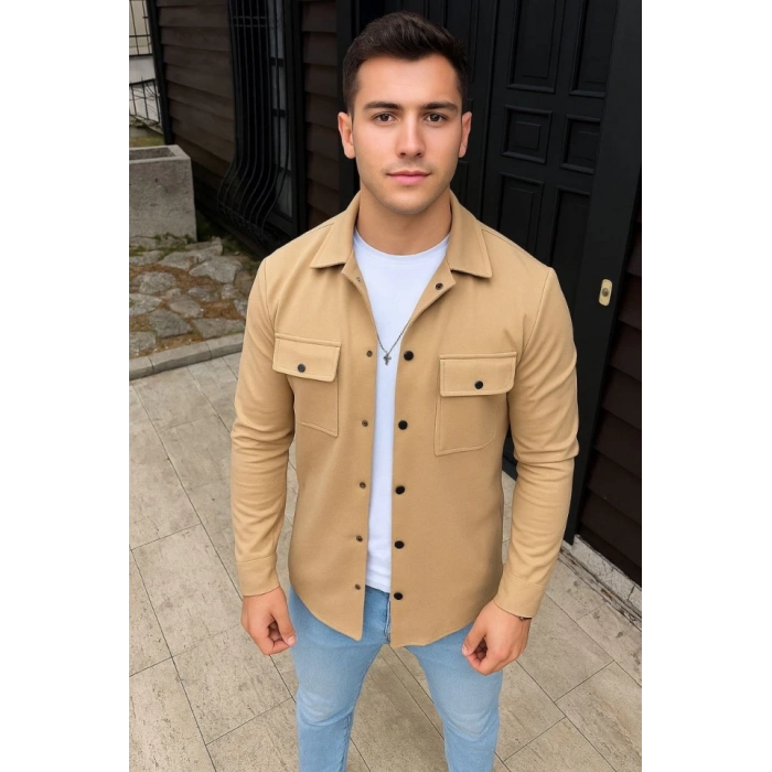Erkek Diagonal Kumaş Cepli Çıtçıtlı Uzun Kollu, Gömlek Oversize Rahat Kalıp Günlük Şık til  Bej