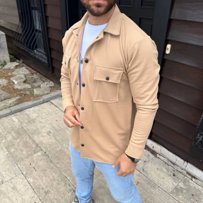 Erkek Diagonal Kumaş Cepli Çıtçıtlı Uzun Kollu, Gömlek Oversize Rahat Kalıp Günlük Şık til  Bej