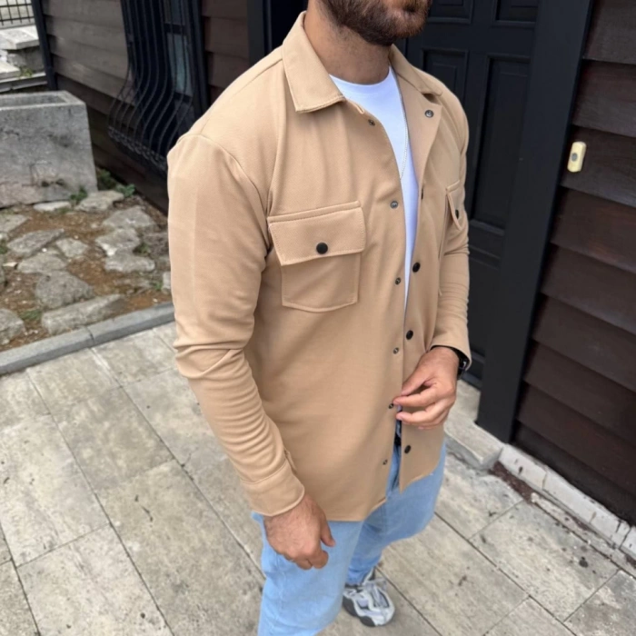 Erkek Diagonal Kumaş Cepli Çıtçıtlı Uzun Kollu, Gömlek Oversize Rahat Kalıp Günlük Şık til  Bej