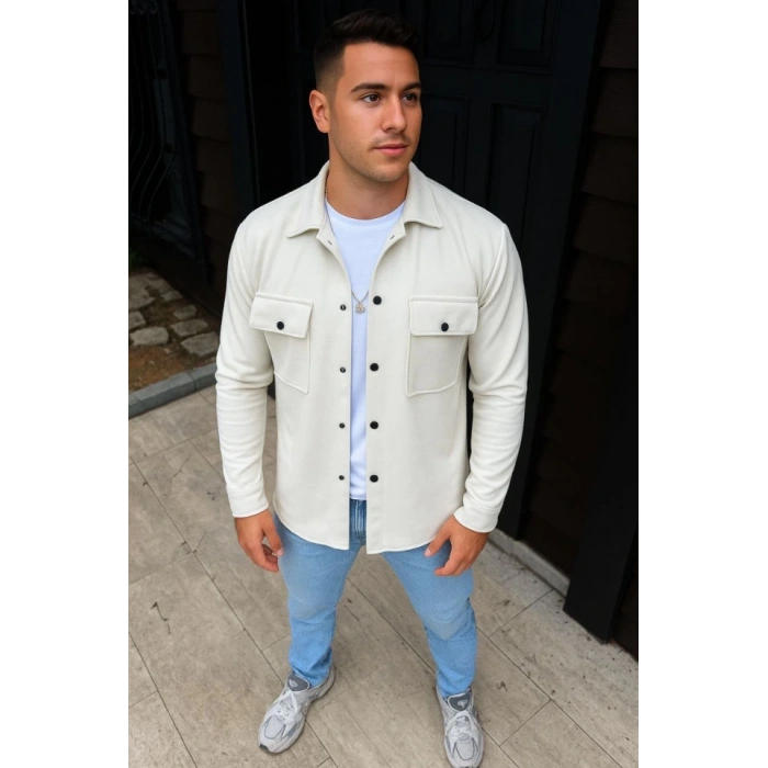 Erkek Diagonal Kumaş Cepli Çıtçıtlı Uzun Kollu, Gömlek Oversize Rahat Kalıp Günlük Şık til  Beyaz