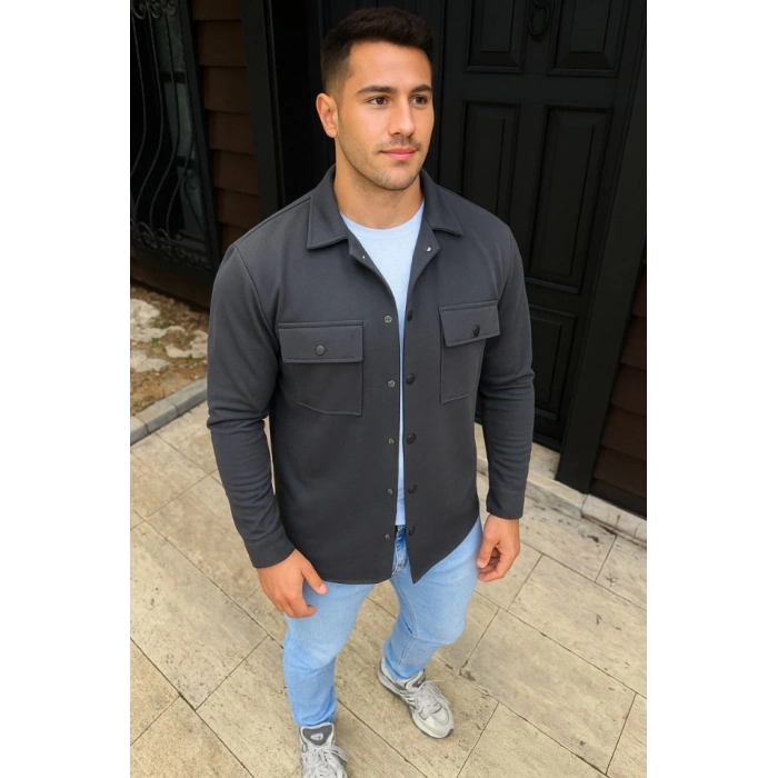 Erkek Diagonal Kumaş Cepli Çıtçıtlı Uzun Kollu, Gömlek Oversize Rahat Kalıp Günlük Şık til  Füme