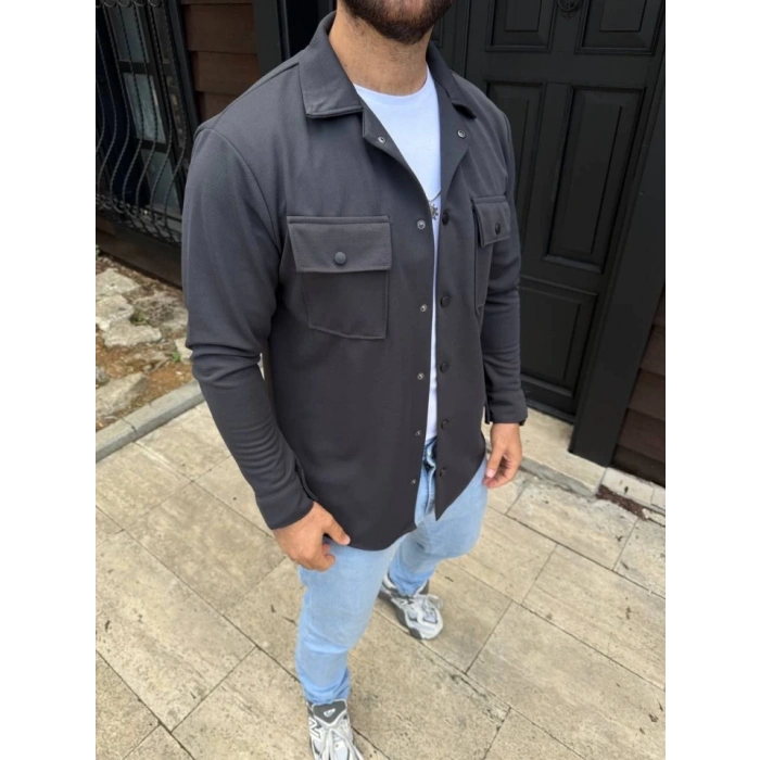 Erkek Diagonal Kumaş Cepli Çıtçıtlı Uzun Kollu, Gömlek Oversize Rahat Kalıp Günlük Şık til  Füme