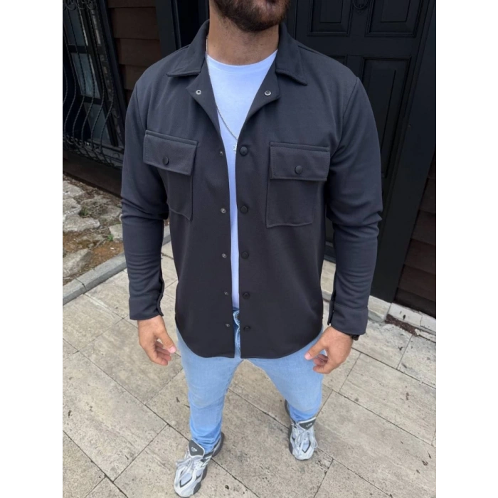 Erkek Diagonal Kumaş Cepli Çıtçıtlı Uzun Kollu, Gömlek Oversize Rahat Kalıp Günlük Şık til  Füme