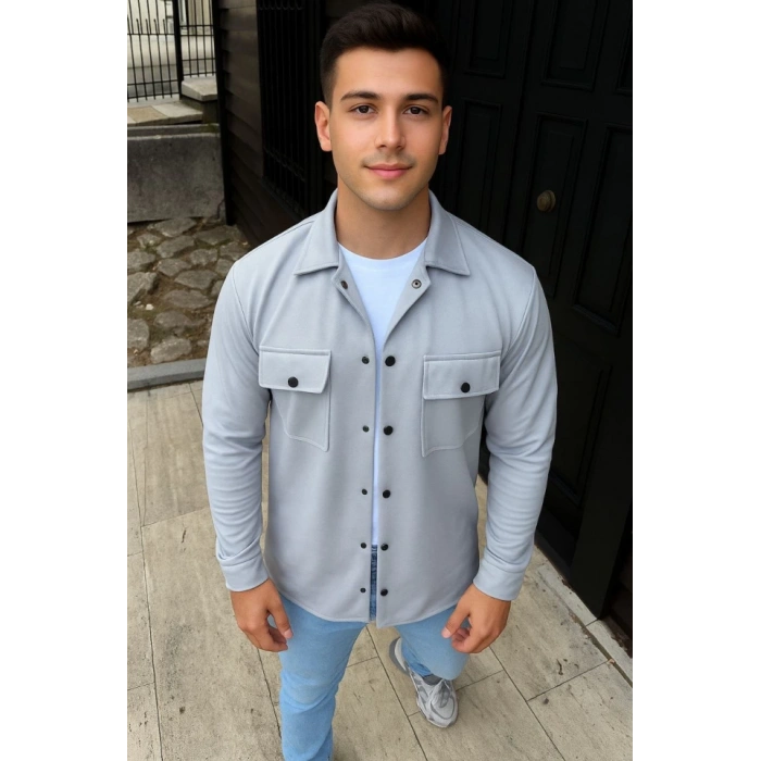 Erkek Diagonal Kumaş Cepli Çıtçıtlı Uzun Kollu, Gömlek Oversize Rahat Kalıp Günlük Şık til  Gri