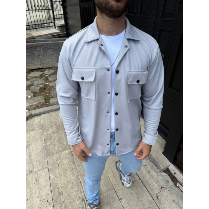 Erkek Diagonal Kumaş Cepli Çıtçıtlı Uzun Kollu, Gömlek Oversize Rahat Kalıp Günlük Şık til  Gri