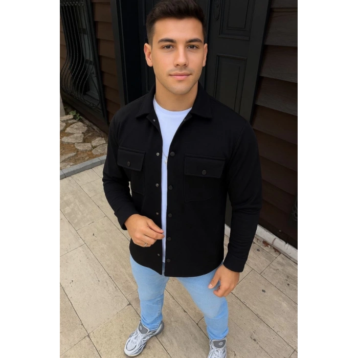 Erkek Diagonal Kumaş Cepli Çıtçıtlı Uzun Kollu, Gömlek Oversize Rahat Kalıp Günlük Şık til  iyah