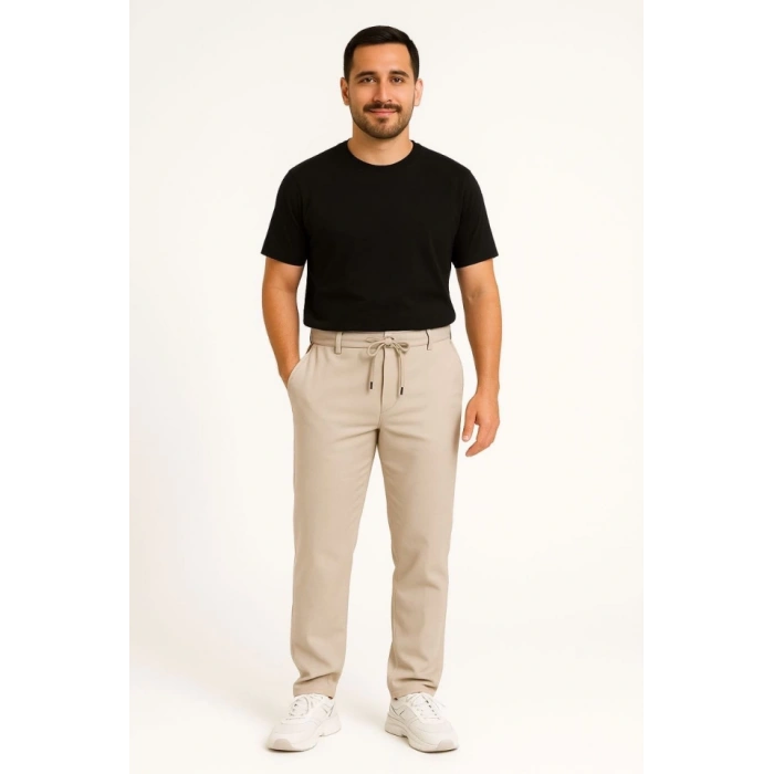 Erkek Diagonel ikro Dokulu Cepli Pantolon  Bej