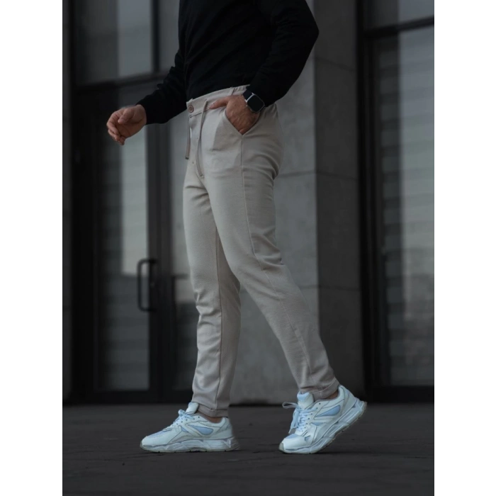 Erkek Diagonel ikro Dokulu Cepli Pantolon  Bej