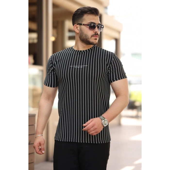 Erkek Dikey çizgili Ottoman Kumaş Kısa Kollu Tshirt