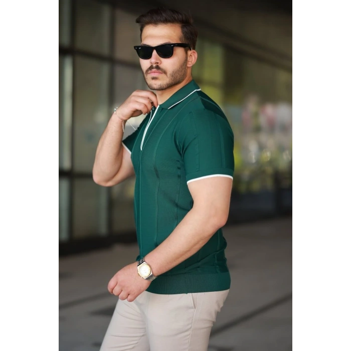 Erkek Dikey Kabartmalı Örgü Dokulu Fermuar Yakalı Tişört