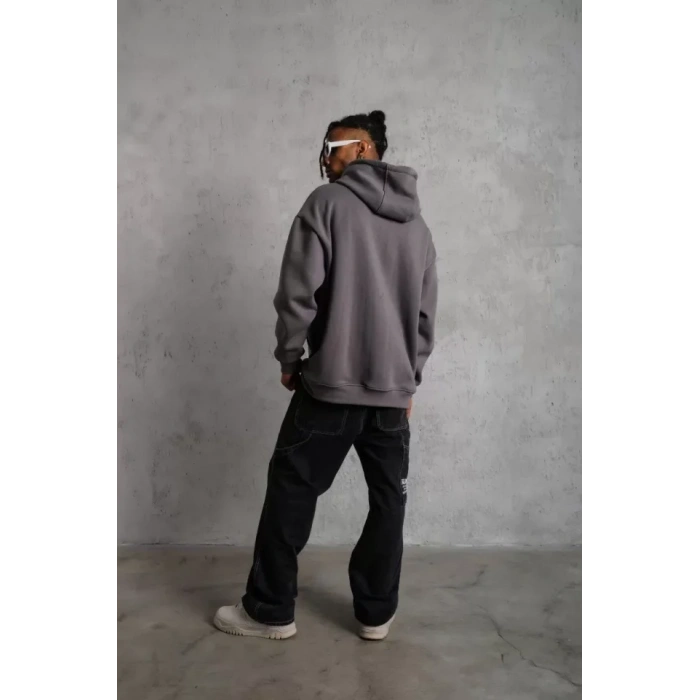 Erkek Düz Kapüşonlu Sweat  Gri