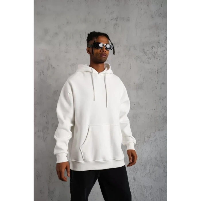 Erkek Düz Kapüşonlu weat  Beyaz