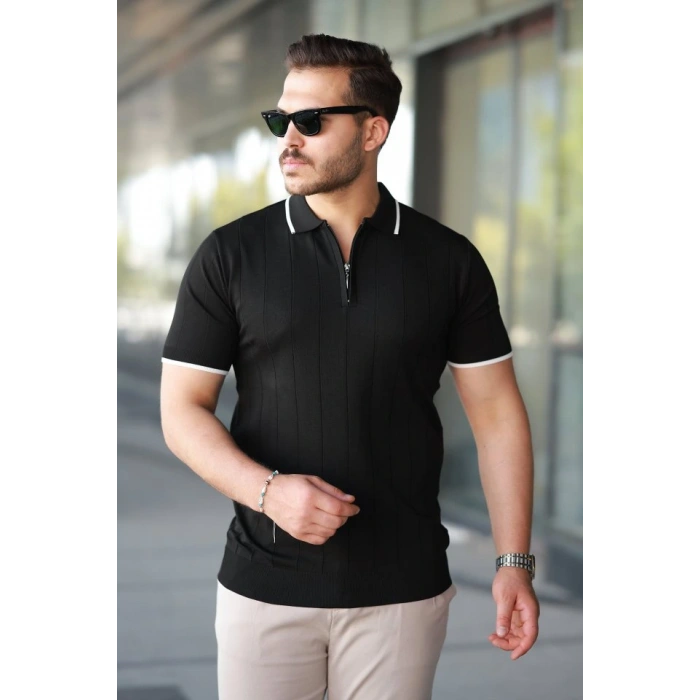 Erkek Fermuar Yakalı çizgi Dokulu Kısa Kollu Tişört