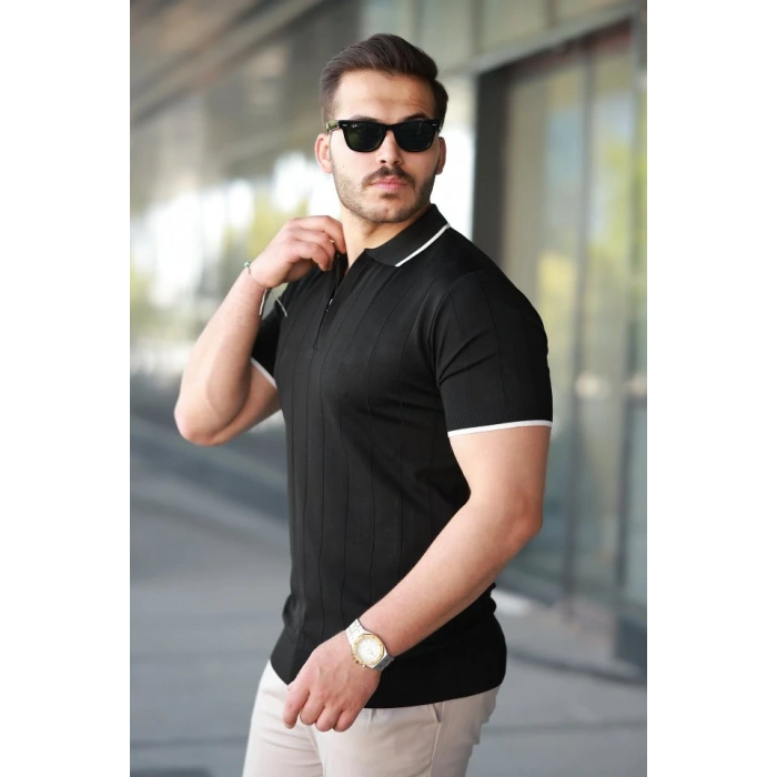 Erkek Fermuar Yakalı çizgi Dokulu Kısa Kollu Tişört