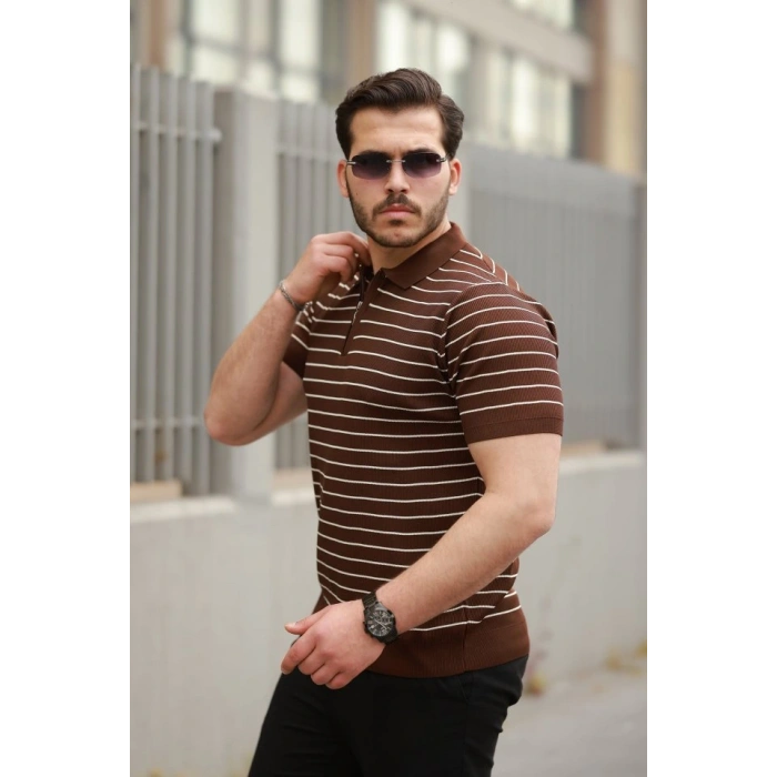 Erkek Fermuar Yakalı çizgili Kısa Kollu Tshirt