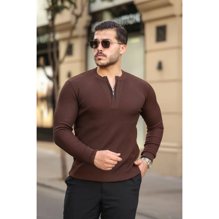 Erkek Fermuarlı Bisiklet Yaka Dokulu Uzun Kollu Triko