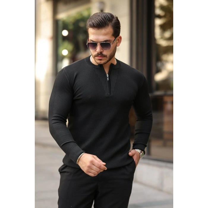 Erkek Fermuarlı Bisiklet Yaka Dokulu Uzun Kollu Triko