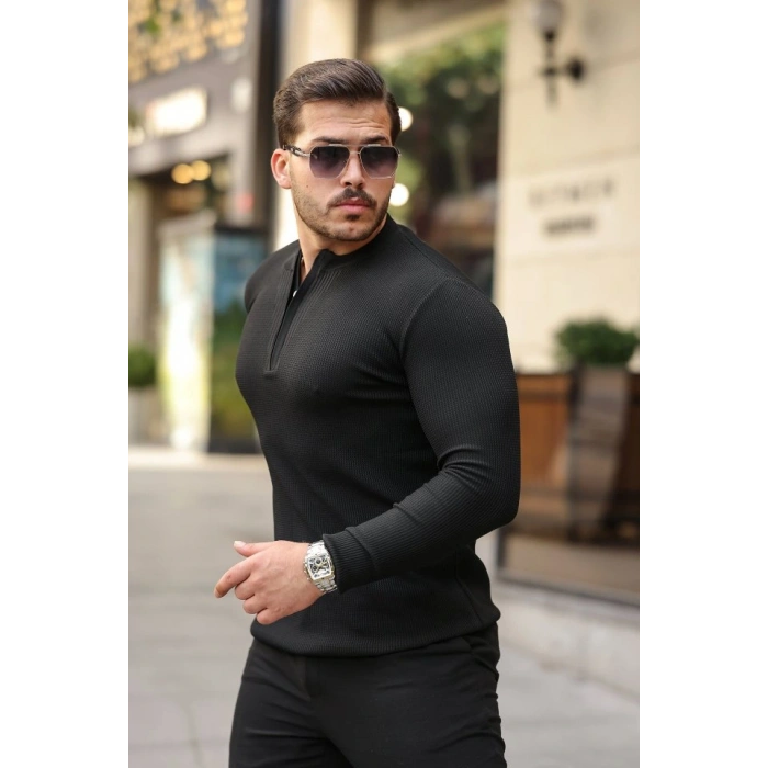 Erkek Fermuarlı Bisiklet Yaka Dokulu Uzun Kollu Triko