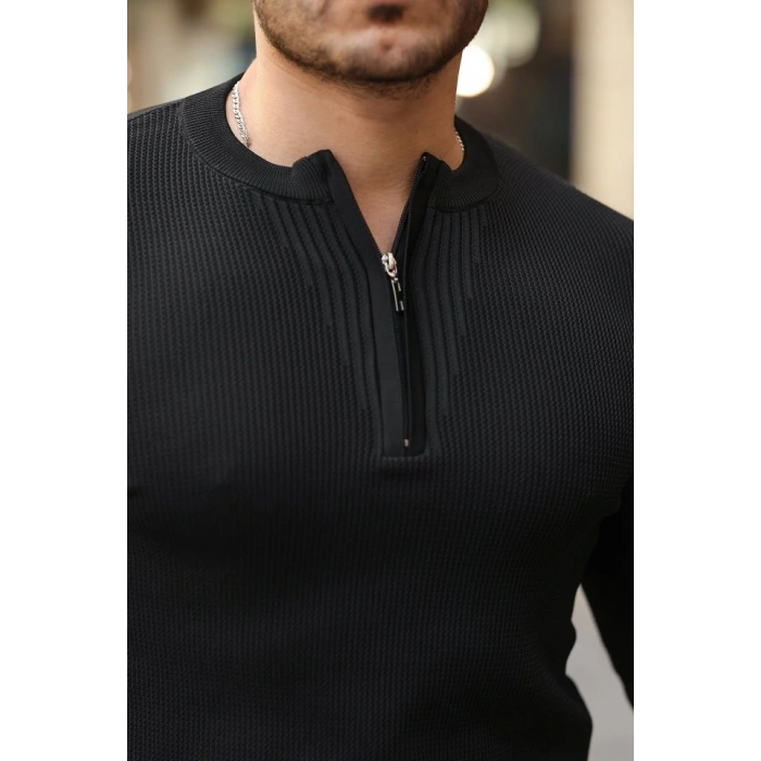 Erkek Fermuarlı Bisiklet Yaka Dokulu Uzun Kollu Triko