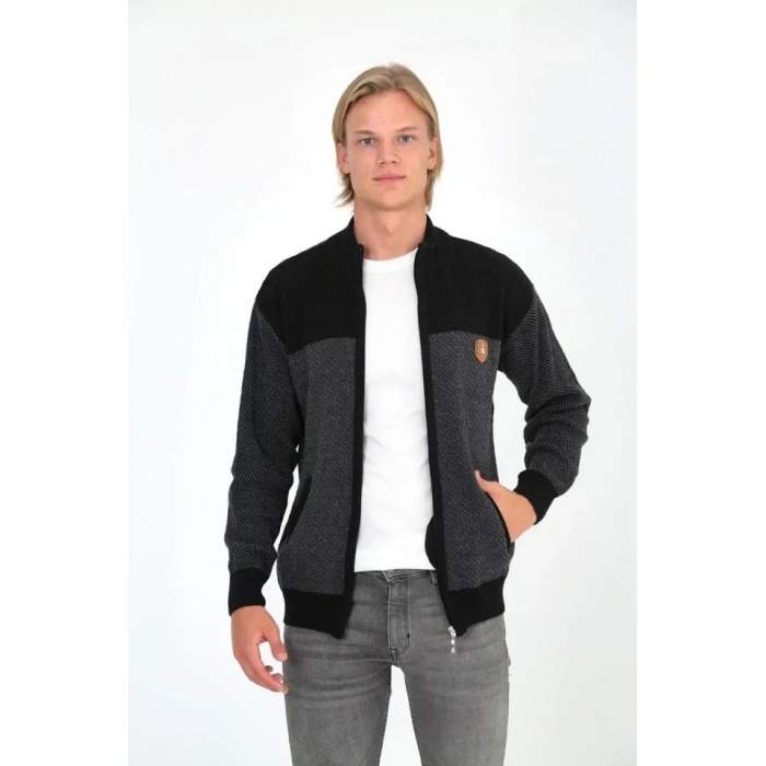 Erkek Fermuarlı Triko Hırka Yüksek Yaka, Cepli, Günlük Şık Rahat Kalıp Triko  Siyah