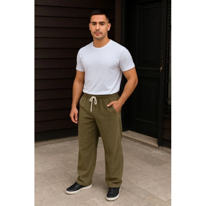Erkek Fitilli Kadife Cepli Buggy Pantolon Oversize Rahat Kalıp  Haki
