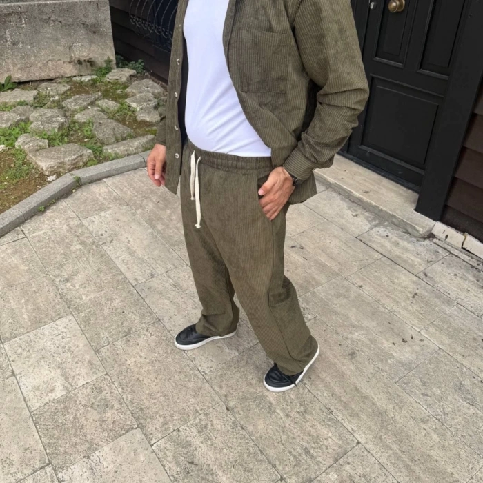 Erkek Fitilli Kadife Cepli Buggy Pantolon Oversize Rahat Kalıp  Haki