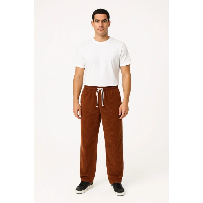 Erkek Fitilli Kadife Cepli Buggy Pantolon Oversize Rahat Kalıp  Kahverengi