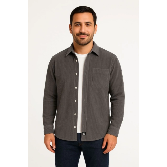 Erkek Fitilli Kadife Cepli Gömlek Oversize Rahat Kalıp  Füme