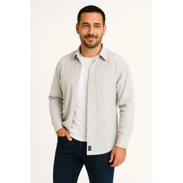 Erkek Fitilli Kadife Cepli Gömlek Oversize Rahat Kalıp  Gri