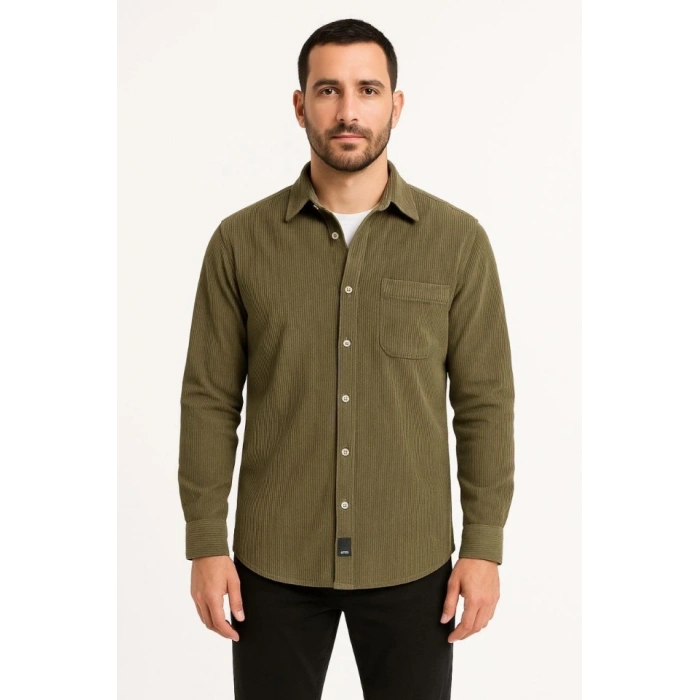 Erkek Fitilli Kadife Cepli Gömlek Oversize Rahat Kalıp  Haki