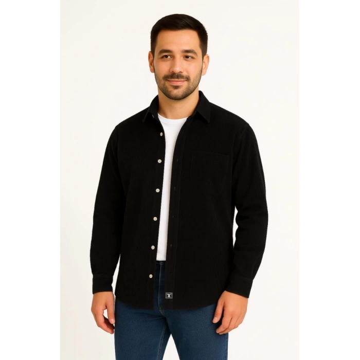 Erkek Fitilli Kadife Cepli Gömlek Oversize Rahat Kalıp  iyah