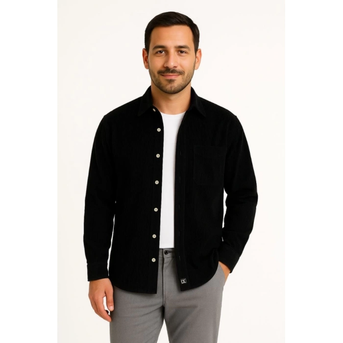 Erkek Fitilli Kadife Cepli Gömlek Oversize Rahat Kalıp  iyah