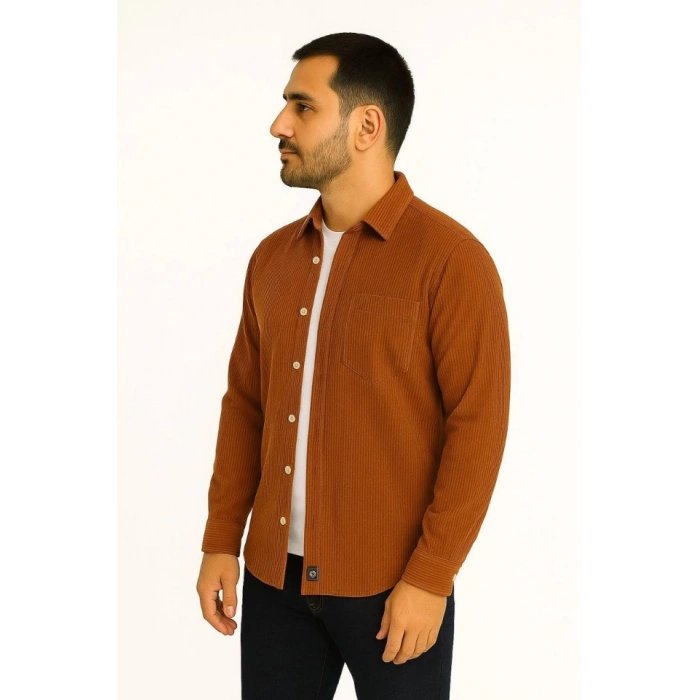 Erkek Fitilli Kadife Cepli Gömlek Oversize Rahat Kalıp  Kahverengi