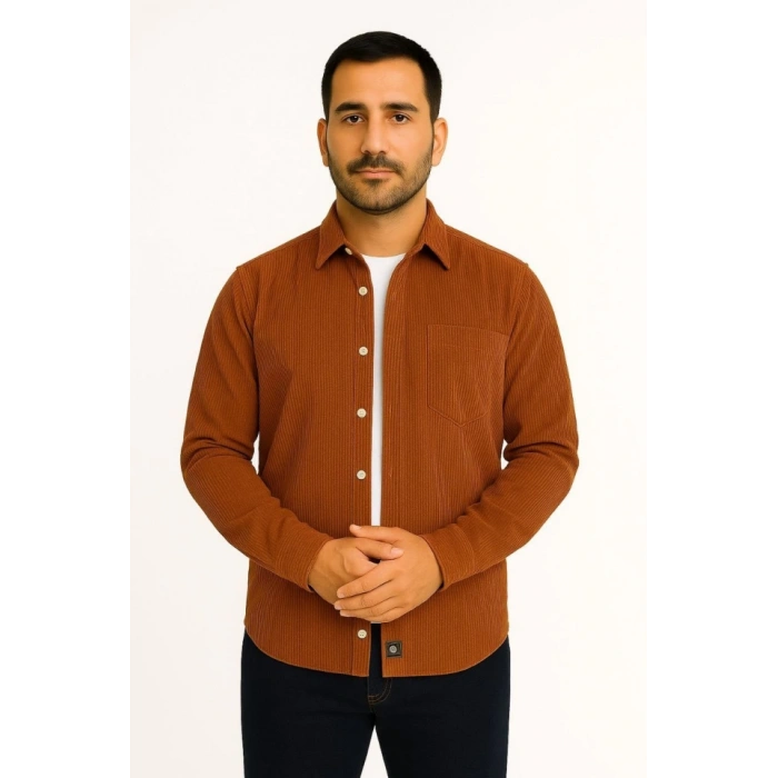 Erkek Fitilli Kadife Cepli Gömlek Oversize Rahat Kalıp  Kahverengi