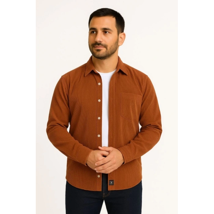 Erkek Fitilli Kadife Cepli Gömlek Oversize Rahat Kalıp  Kahverengi