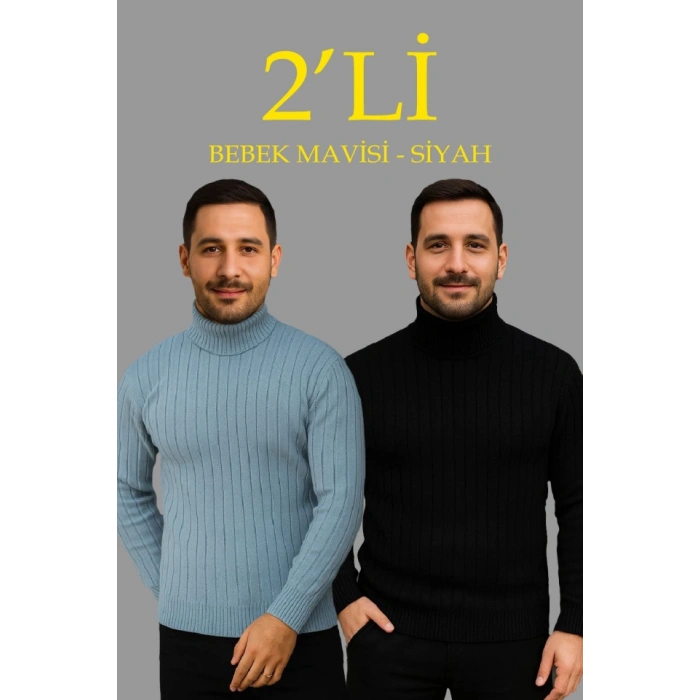 Erkek Fitilli Triko Kazak 2li et Bebek avisi iyah Regular Balıkcı Yaka Tam Boğazlı Triko eti odeli Kazak