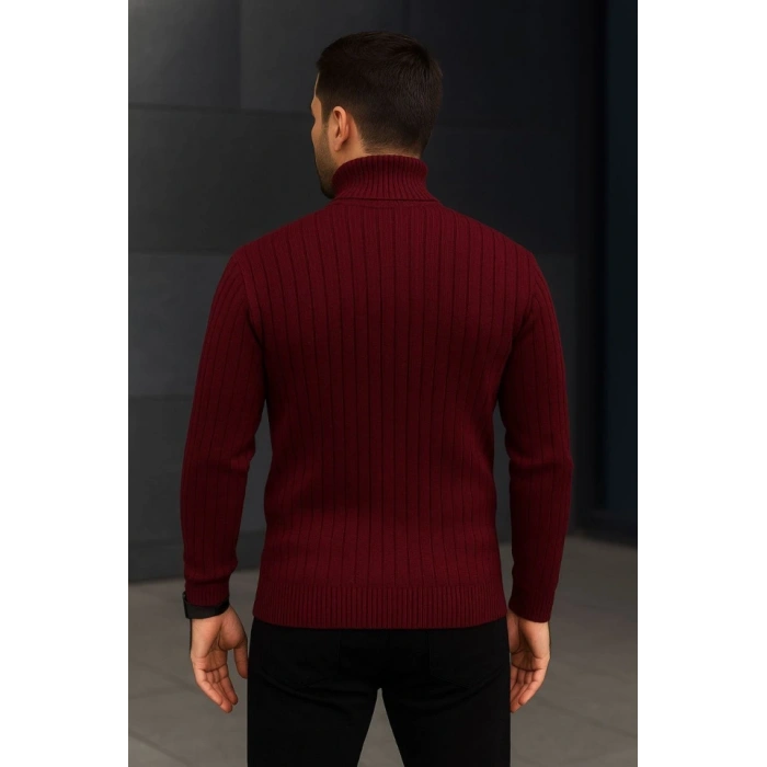Erkek Fitilli Triko Kazak 2li et Bordo iyah Regular Balıkcı Yaka Tam Boğazlı Triko eti odeli Kazak