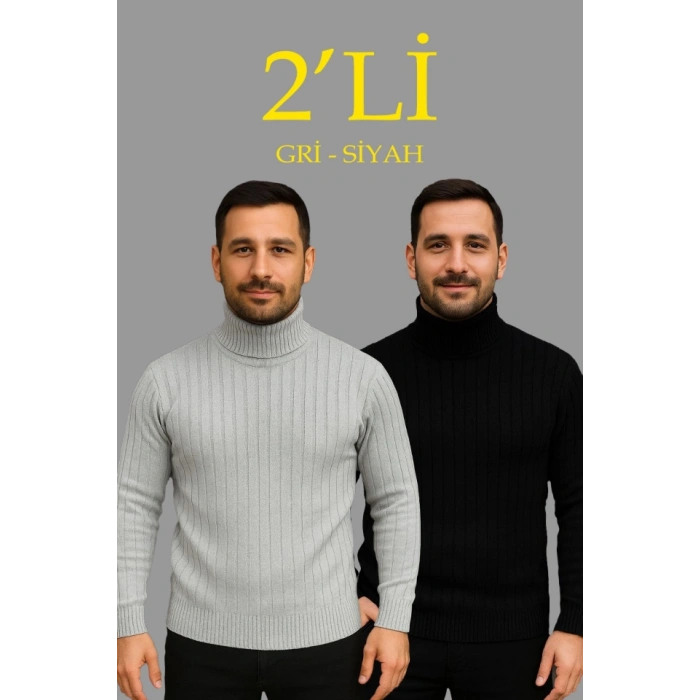 Erkek Fitilli Triko Kazak 2li et Gri iyah Regular Balıkcı Yaka Tam Boğazlı Triko eti odeli Kazak
