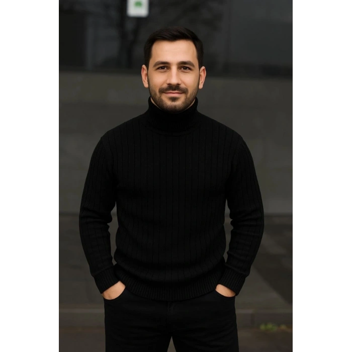 Erkek Fitilli Triko Kazak 2li et Gri iyah Regular Balıkcı Yaka Tam Boğazlı Triko eti odeli Kazak