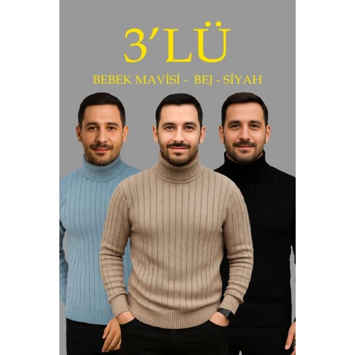 Erkek Fitilli Triko Kazak 3lÜ et Bebek avisi Bej iyah Regular Balıkcı Yaka Tam Boğazlı Triko eti odeli Kazak