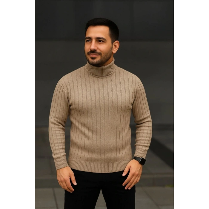 Erkek Fitilli Triko Kazak 3lÜ et Bej Haki iyah Regular Balıkcı Yaka Tam Boğazlı Triko eti odeli Kazak