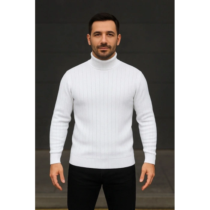 Erkek Fitilli Triko Kazak 3lÜ et Beyaz Bordo iyah Regular Balıkcı Yaka Tam Boğazlı Triko eti odeli Kazak