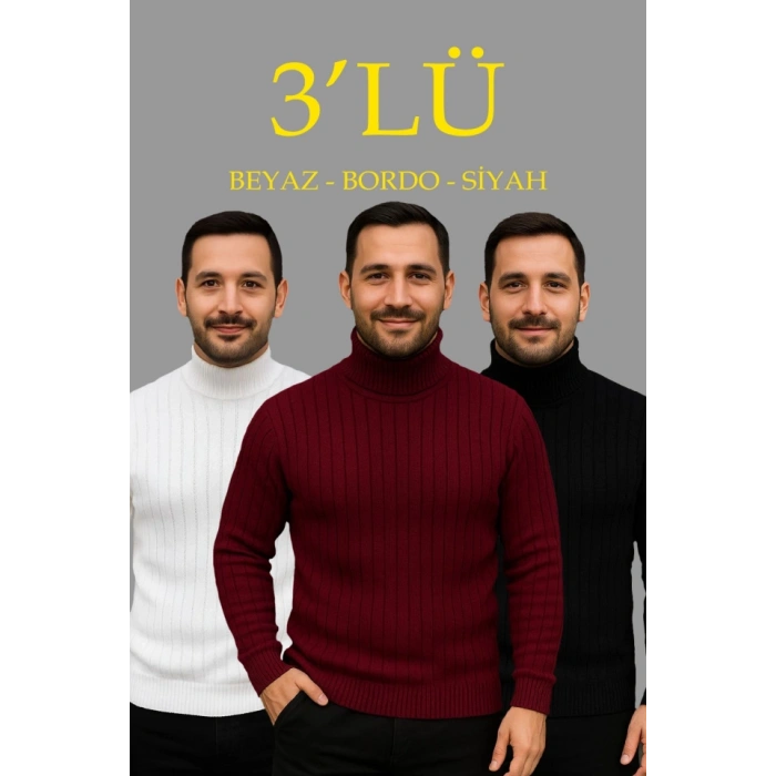 Erkek Fitilli Triko Kazak 3lÜ et Beyaz Bordo iyah Regular Balıkcı Yaka Tam Boğazlı Triko eti odeli Kazak