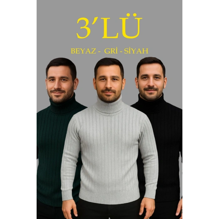 Erkek Fitilli Triko Kazak 3lÜ et Gri Haki iyah Regular Balıkcı Yaka Tam Boğazlı Triko eti odeli Kazak