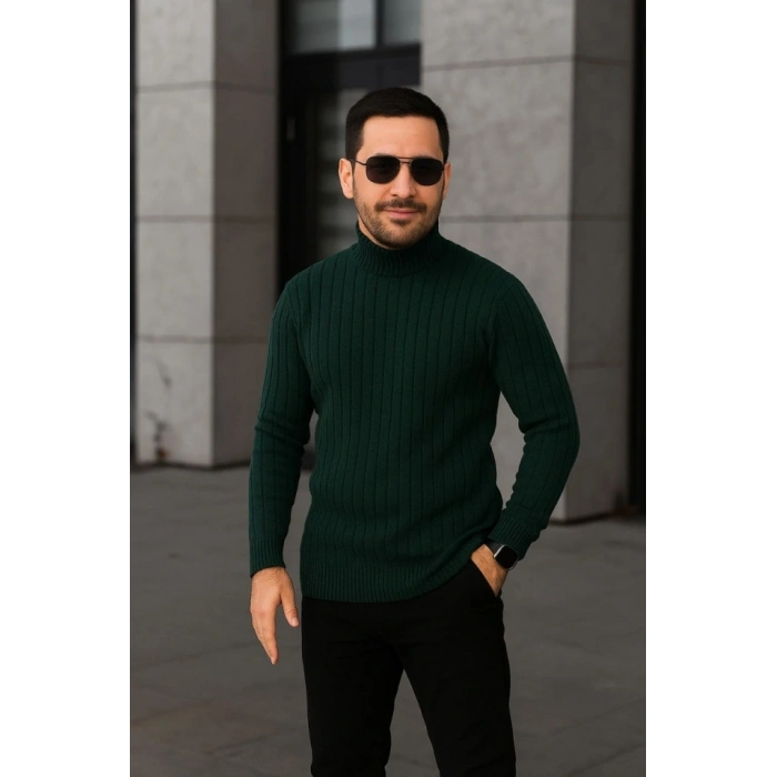 Erkek Fitilli Triko Kazak 3lÜ et Gri Haki iyah Regular Balıkcı Yaka Tam Boğazlı Triko eti odeli Kazak