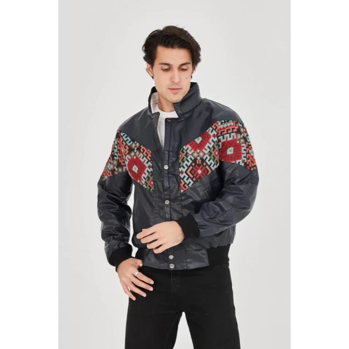 Erkek İçi Astarlı İçten Yaka Kısmı Peluşlu uni Kumaş Vintage Ceket  acivert